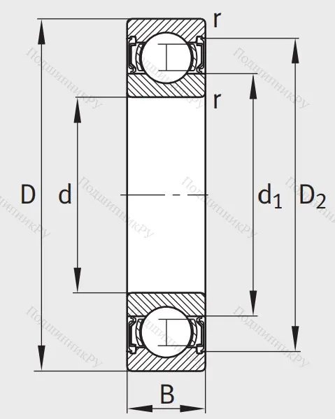 Однорядный шариковый подшипник 62303 2RSR