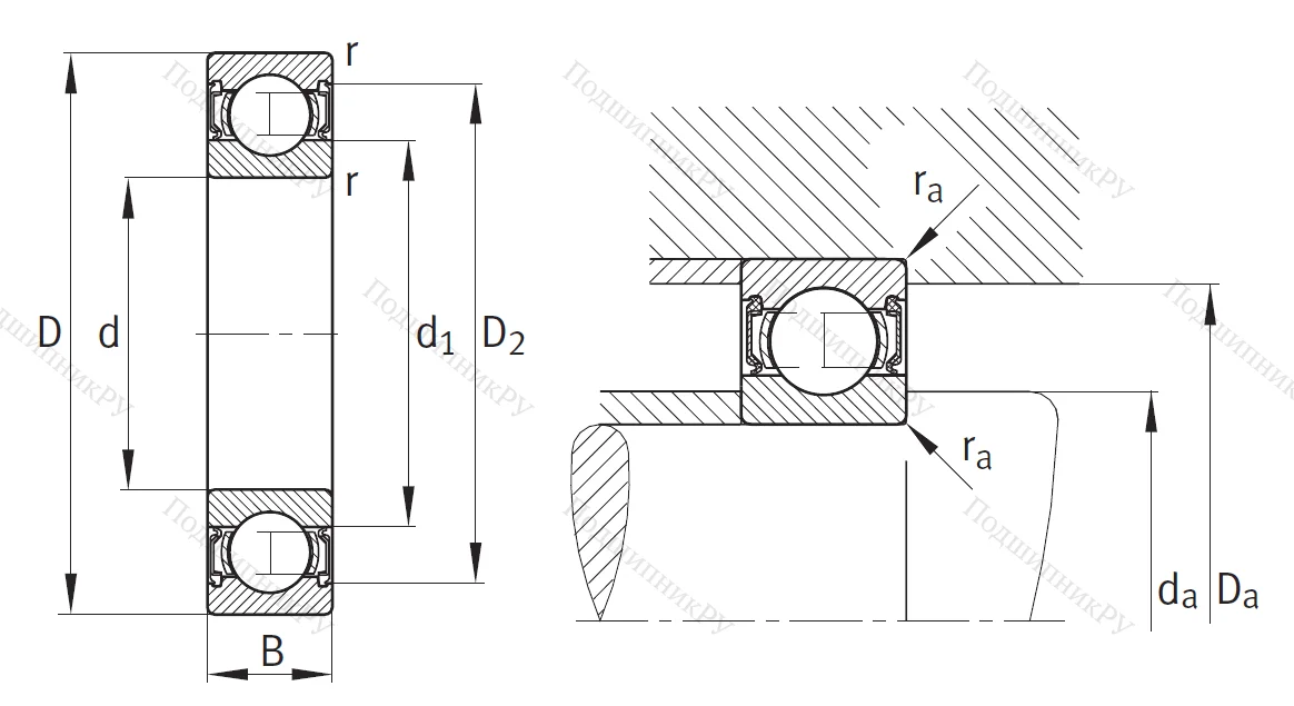 Однорядный шариковый подшипник 6308 2RSR